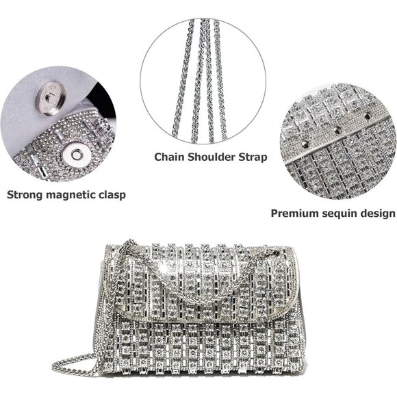 ⚡ Women\'s Rhinestones Silver Chain Shoulder Sparkly Cocktail Clutch Party Bag